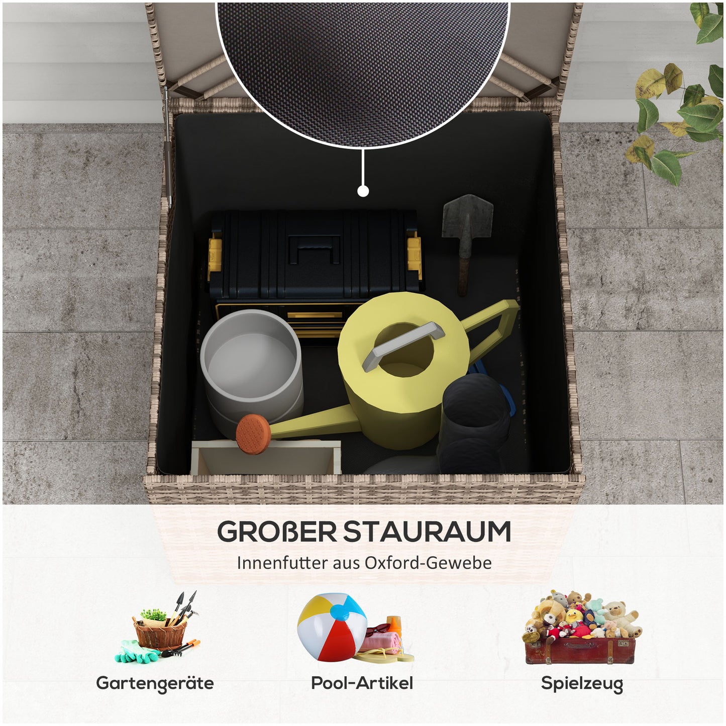 Outsunny Polyrattan Auflagenbox, Stoff-Innenauskleidung, leichtes Öffnen/Schließen, Metallrahmen, 75B x 75T x 70H cm, Schwarz