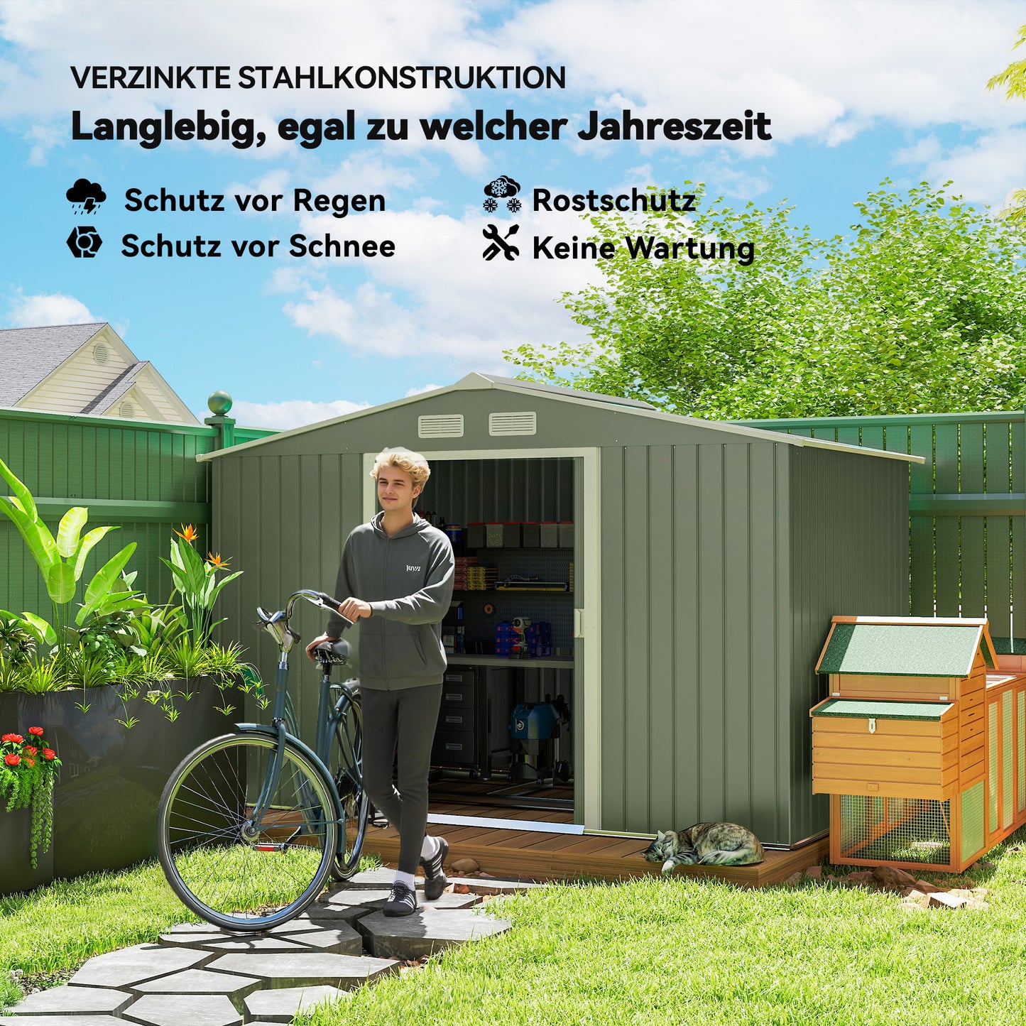 Outsunny Geräteschuppen mit Schiebetüren 2,77 x 1,95 x 1,92cm Metall Hellgrün