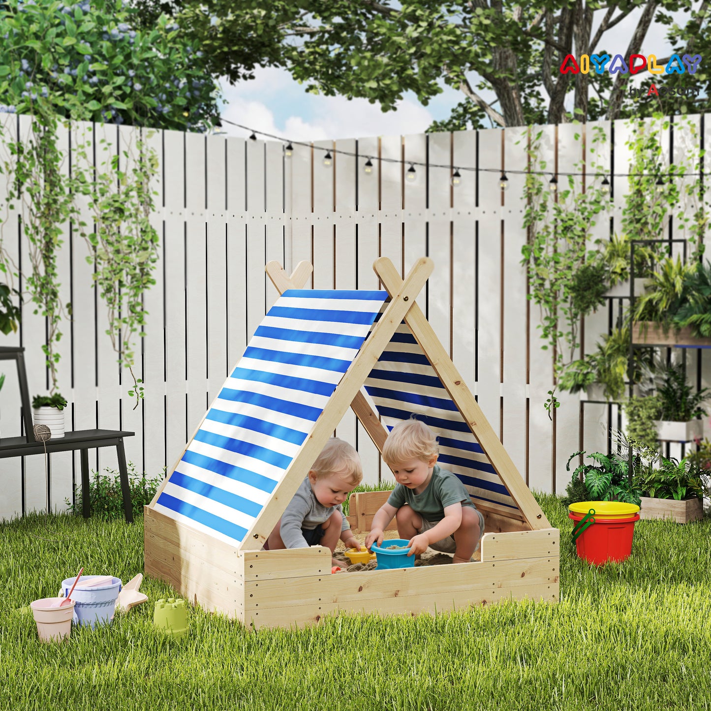 AIYAPLAY Sandkiste für Kinder, Sandkasten mit wetterfestem Zeltdach, für 3 Kinder im Alter von 3-6 Jahren, 120 x 120 x 126,5 cm