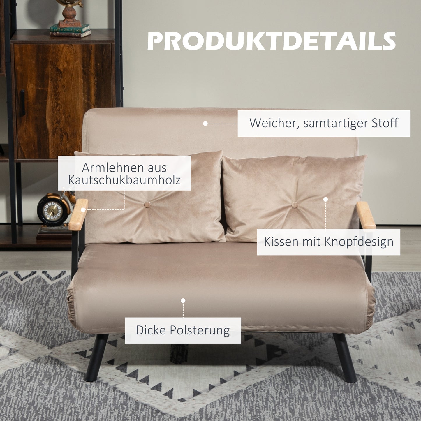 HOMCOM Schlafsessel, Gästebett, Holz-Armlehnen, metallrahmen, bis 120 kg, 102x73x81cm, Hellbraun