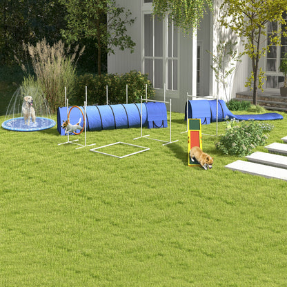 PawHut Hunde-Agiliy-Set Hundeparcours, 1 Reifen, 2 Tunnel 2 Hürden, 321 cm x 63c mx 93 cm, Blau + Rot+ Weiß