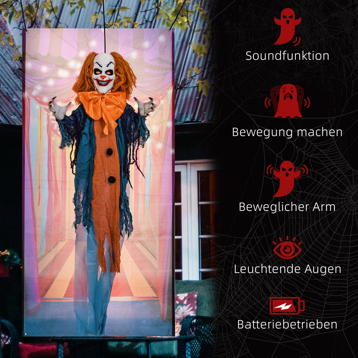 HOMCOM Horrorclown, Helloweendeko, aktiviert mit Geräusche/Berührung, rote Augen, Sound, 168 cm