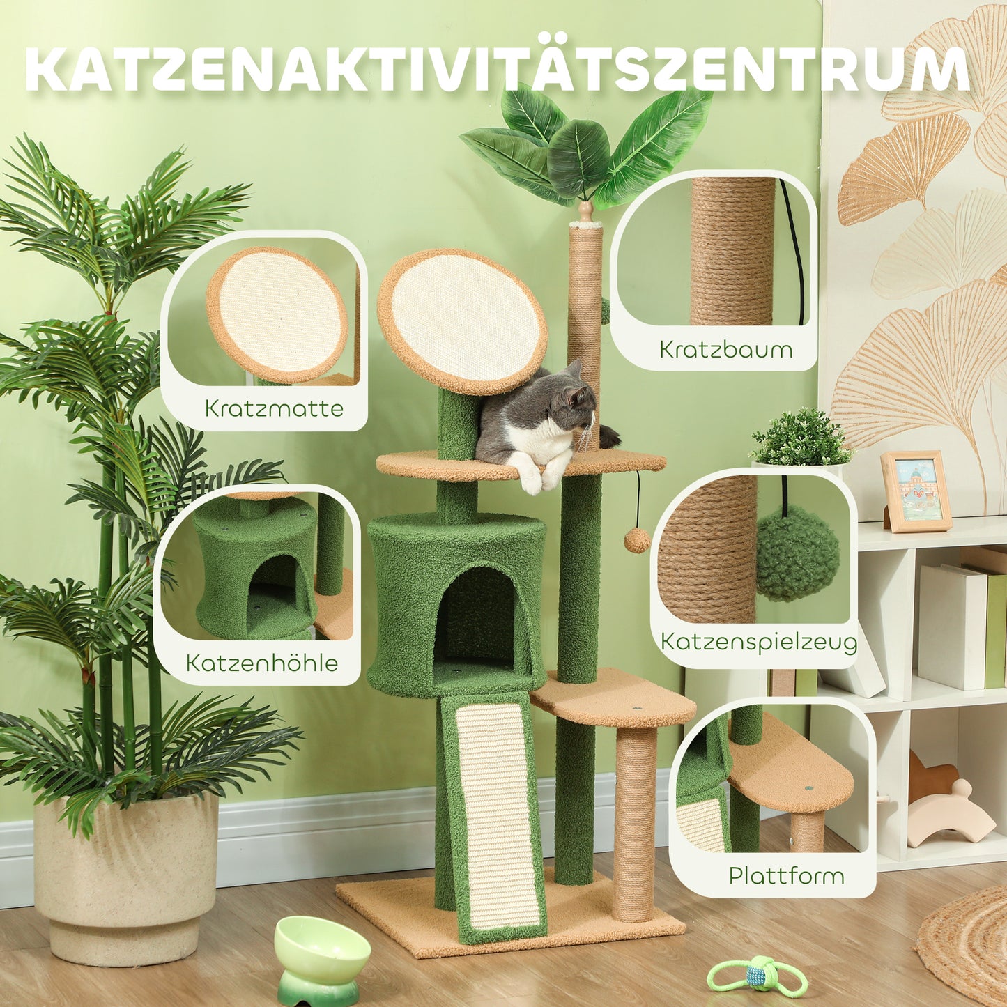 PawHut Kratzbaum, 139 cm Katzenbaum mit Höhle, Spielbällen, Sisal-Kratzpfosten och Plattformen, für zwei Katzen, Grün