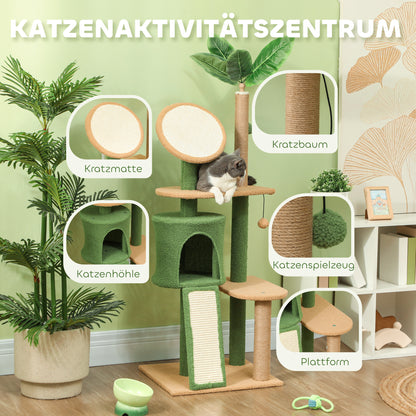 PawHut Kratzbaum, 139 cm Katzenbaum mit Höhle, Spielbällen, Sisal-Kratzpfosten och Plattformen, für zwei Katzen, Grün
