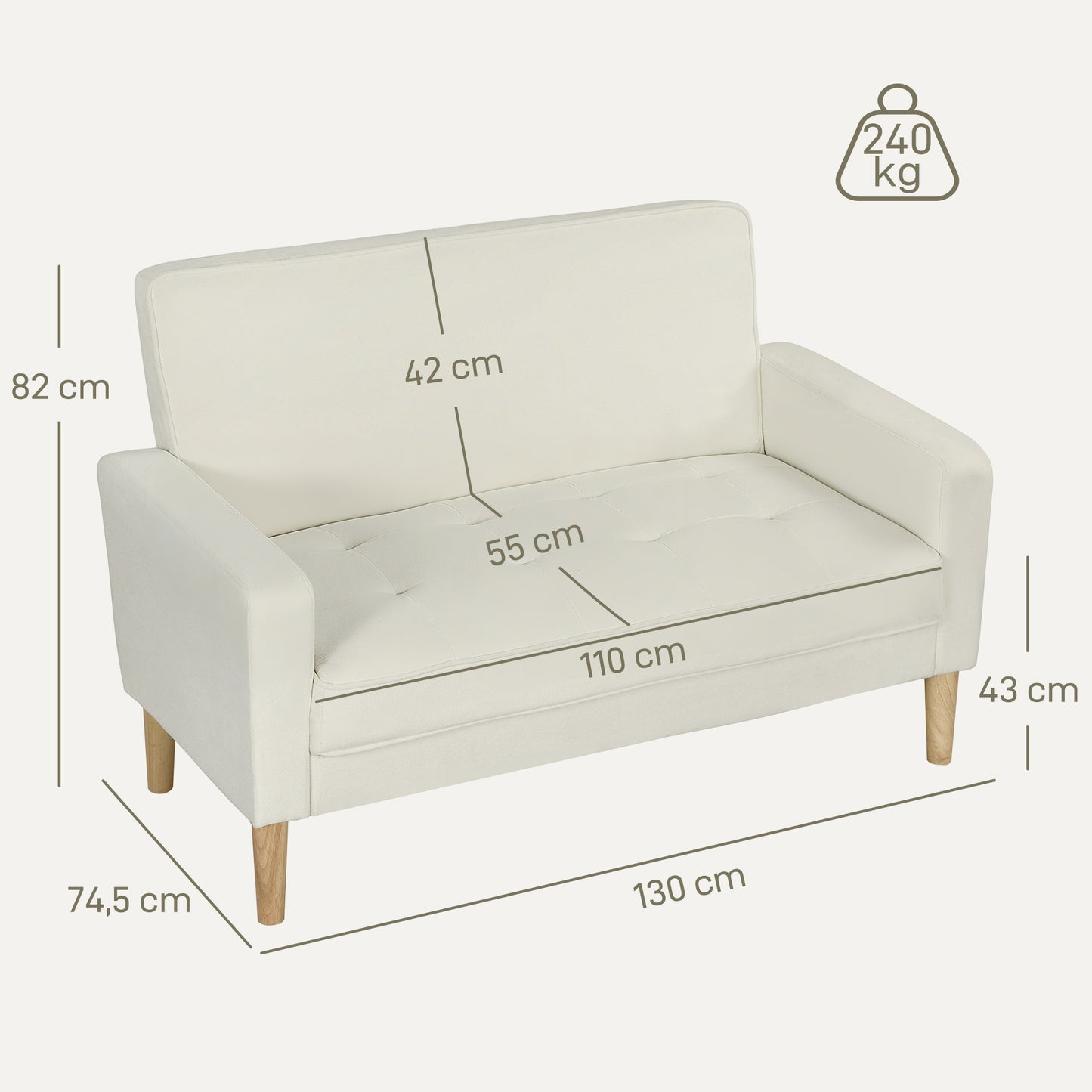 HOMCOM 2-Sitzer-Sofa, Doppelsitzsofa mit Kautschukholzbeinen, Polstersofa für Wohnzimmer, Schlafzimmer, Cremeweiß