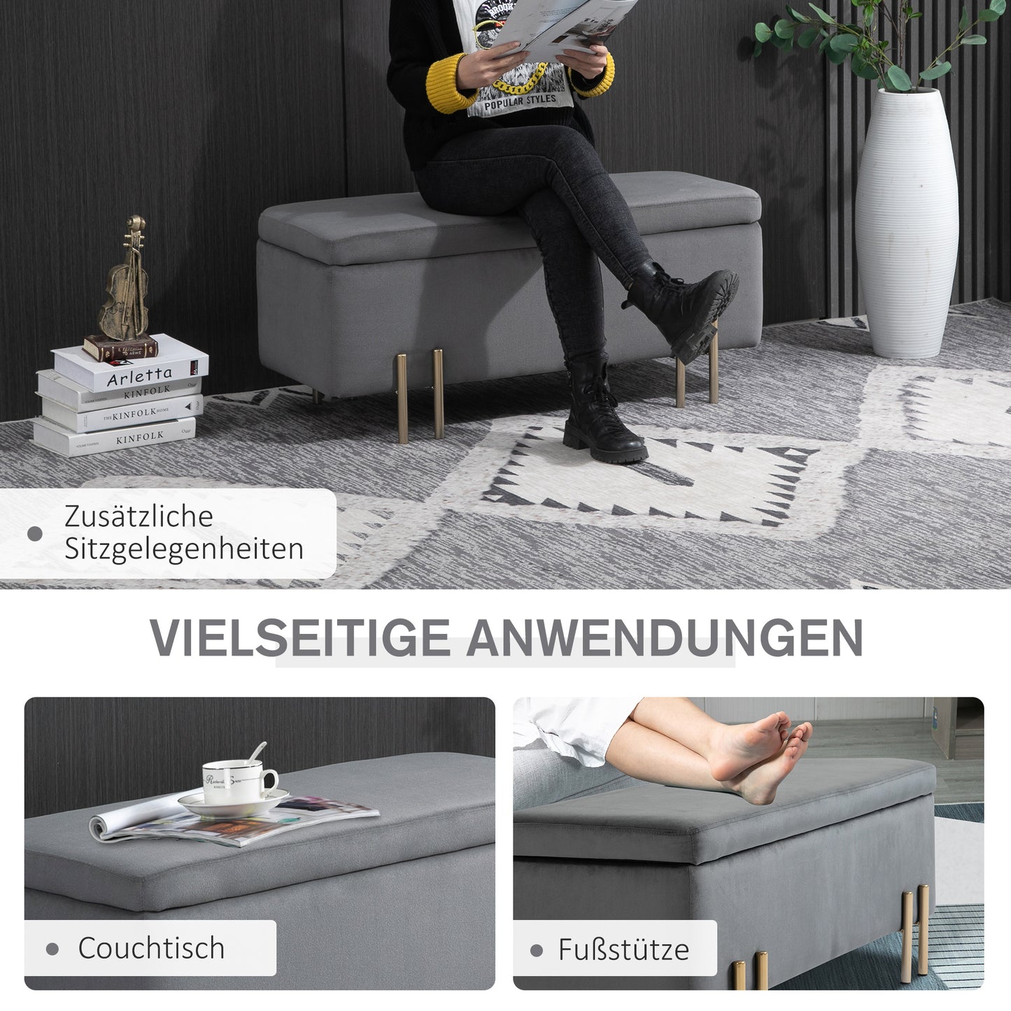 HOMCOM Sitzbank mit Stauraum Polsterbank mit Samtoptik, Sitztruhe mit Metallbeine, Truhenbank für Wohnzimmer Schlafzimmer Flur 100 x 40 x 42 cm, Dunkelgrau
