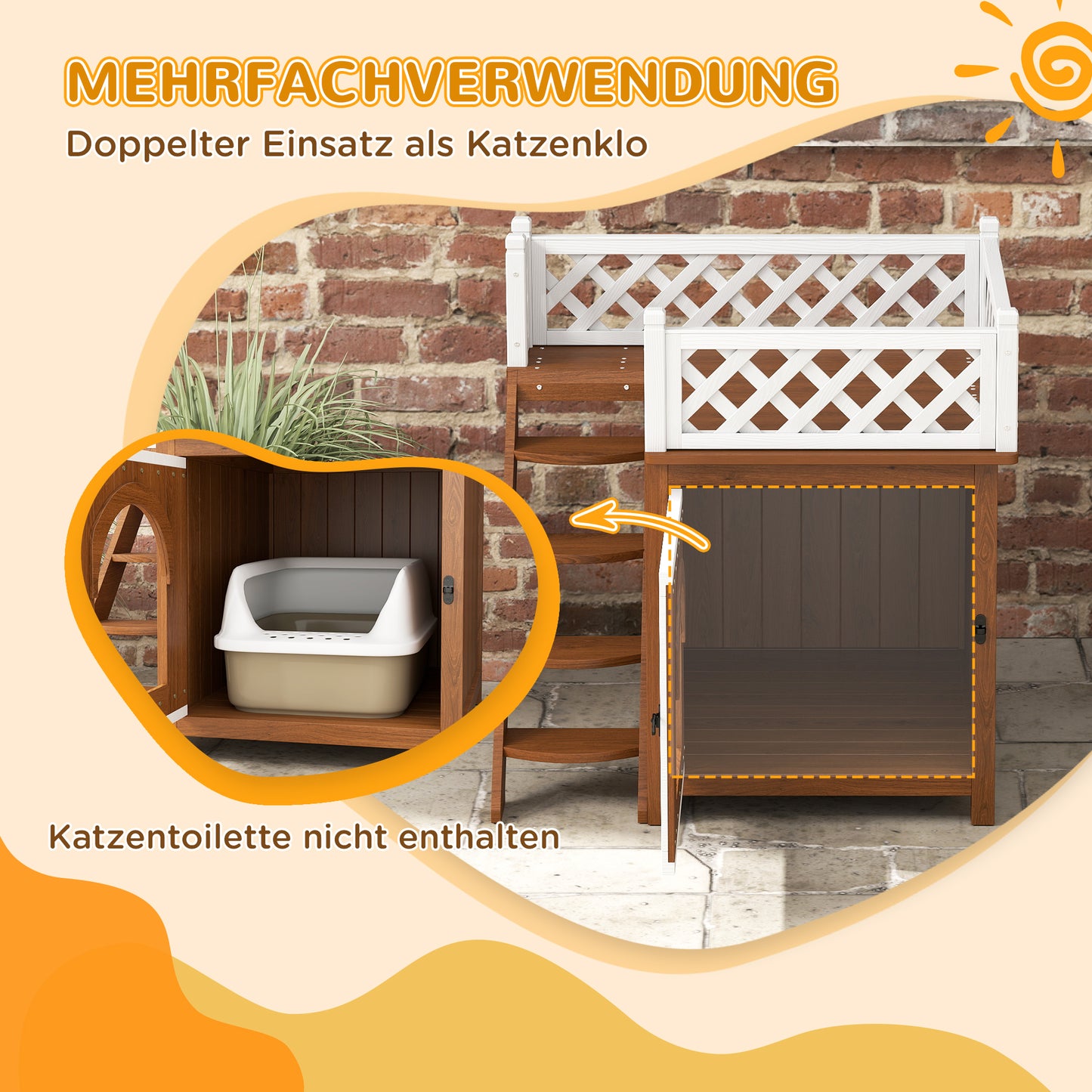 PawHut Katzenhaus, zweistöckig, mit Balkon und Treppe, für drinnen und draußen, für Katzen und Kaninchen, Tannenholz, Braun
