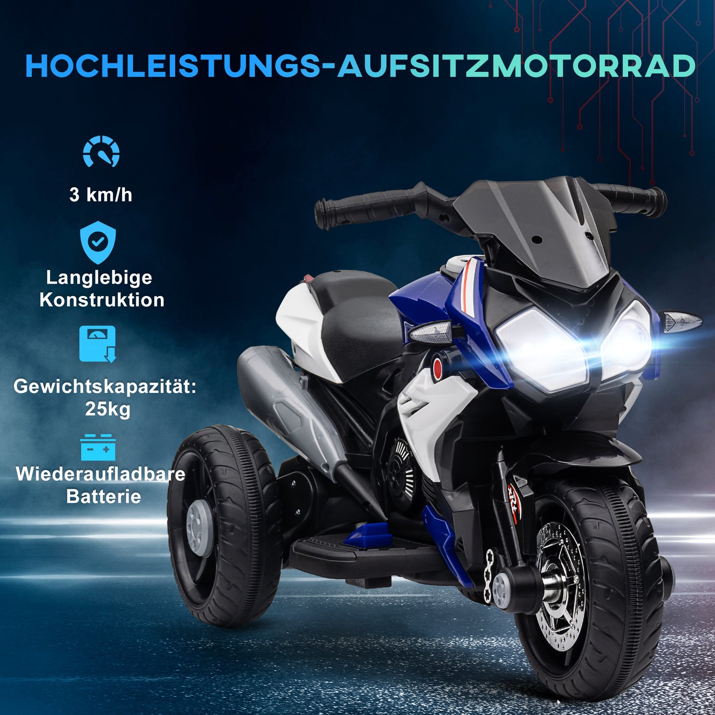HOMCOM Elektro-Kindermotorrad, Lichter & Geräusche, 3 km/h, wiederaufladbar, Kunststoff & Metall, Blau/Weiß