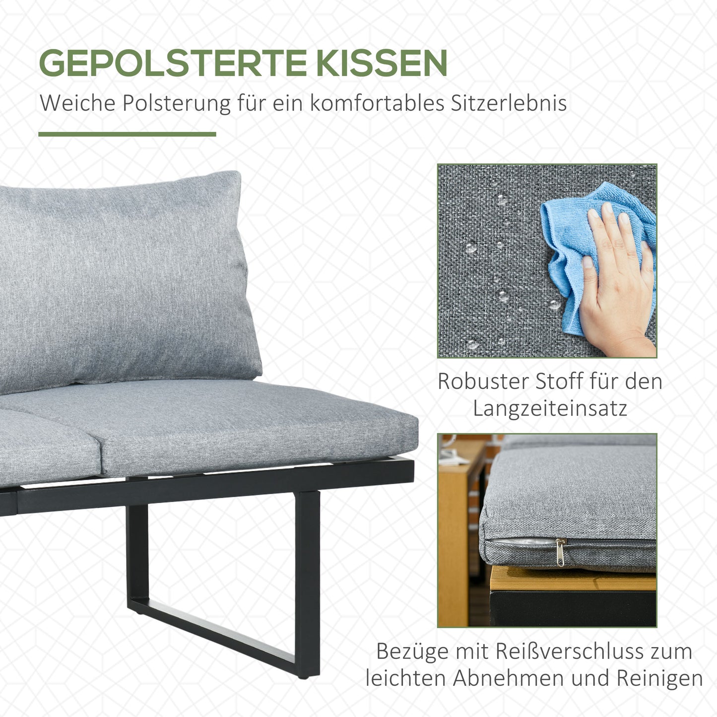 Outsunny Gartenmöbel-Set für 3 Personen Balkonmöbel mit Sitzkissen, Aluminiumrahmen, Holzoptik, Dunkelgrau+Natur