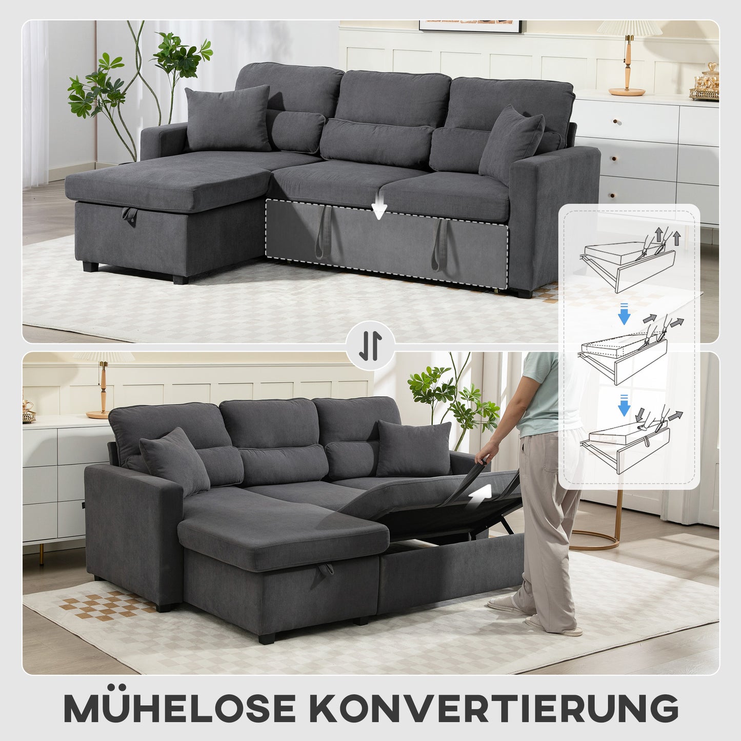HOMCOM Verstellbares Bettsofa, L-förmiges Gästesofa mit Bettfunktion, Stauraum, Kissen, für Wohnzimmer, Gästezimmer, Dunkelgrau