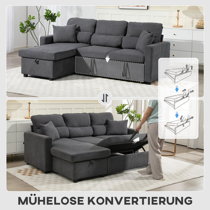 HOMCOM Verstellbares Bettsofa, L-förmiges Gästesofa mit Bettfunktion, Stauraum, Kissen, für Wohnzimmer, Gästezimmer, Dunkelgrau