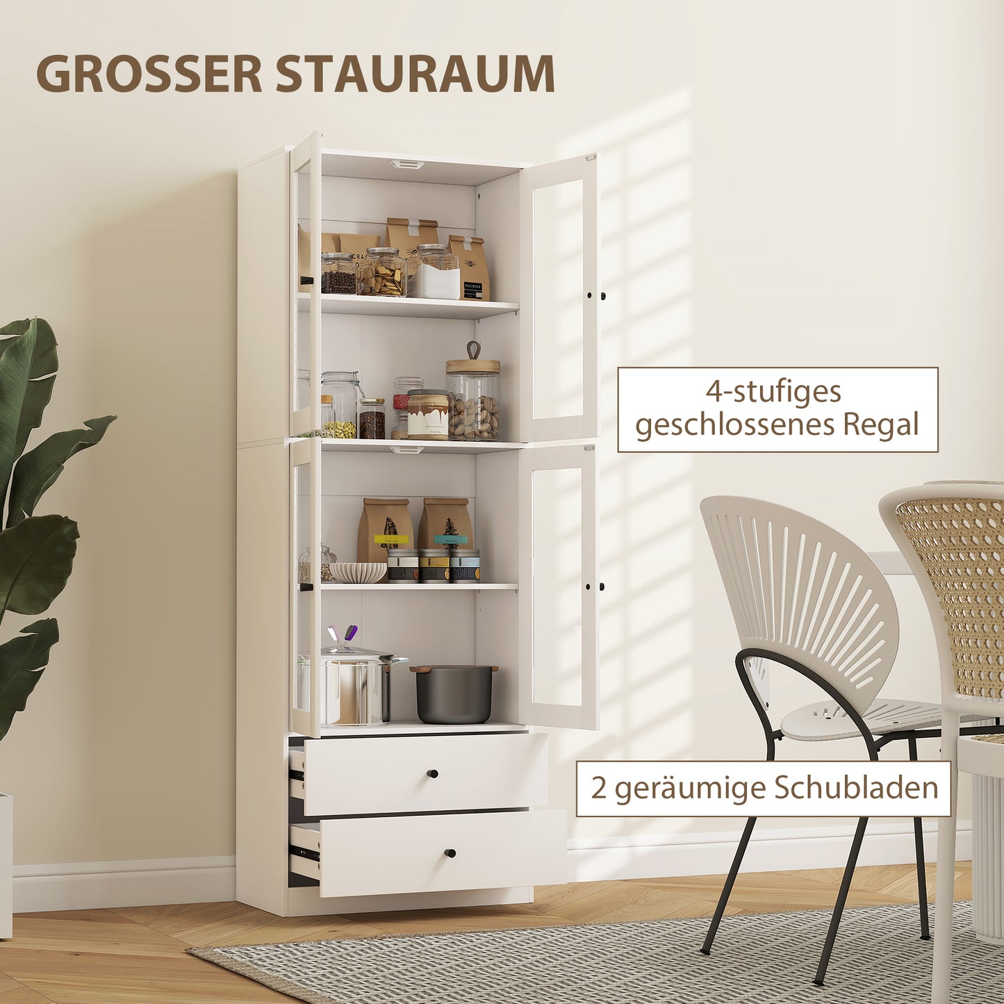 HOMCOM Küchenschrank mit Schubladen und Glastüren, Melamin-Oberfläche, Weiß