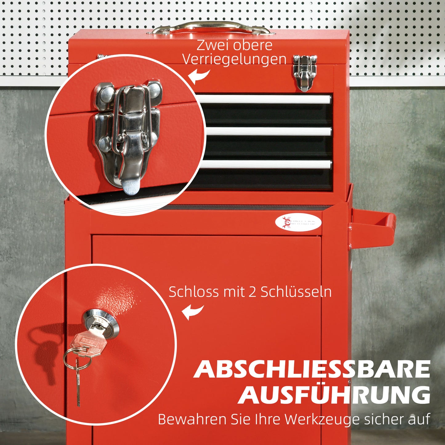 DURHAND 2-in-1 Werkzeugwagen, mobil, 3 Schubladen, Werkzeugtafel, Stahlgehäuse, 46L x 28B x 94H cm, Rot