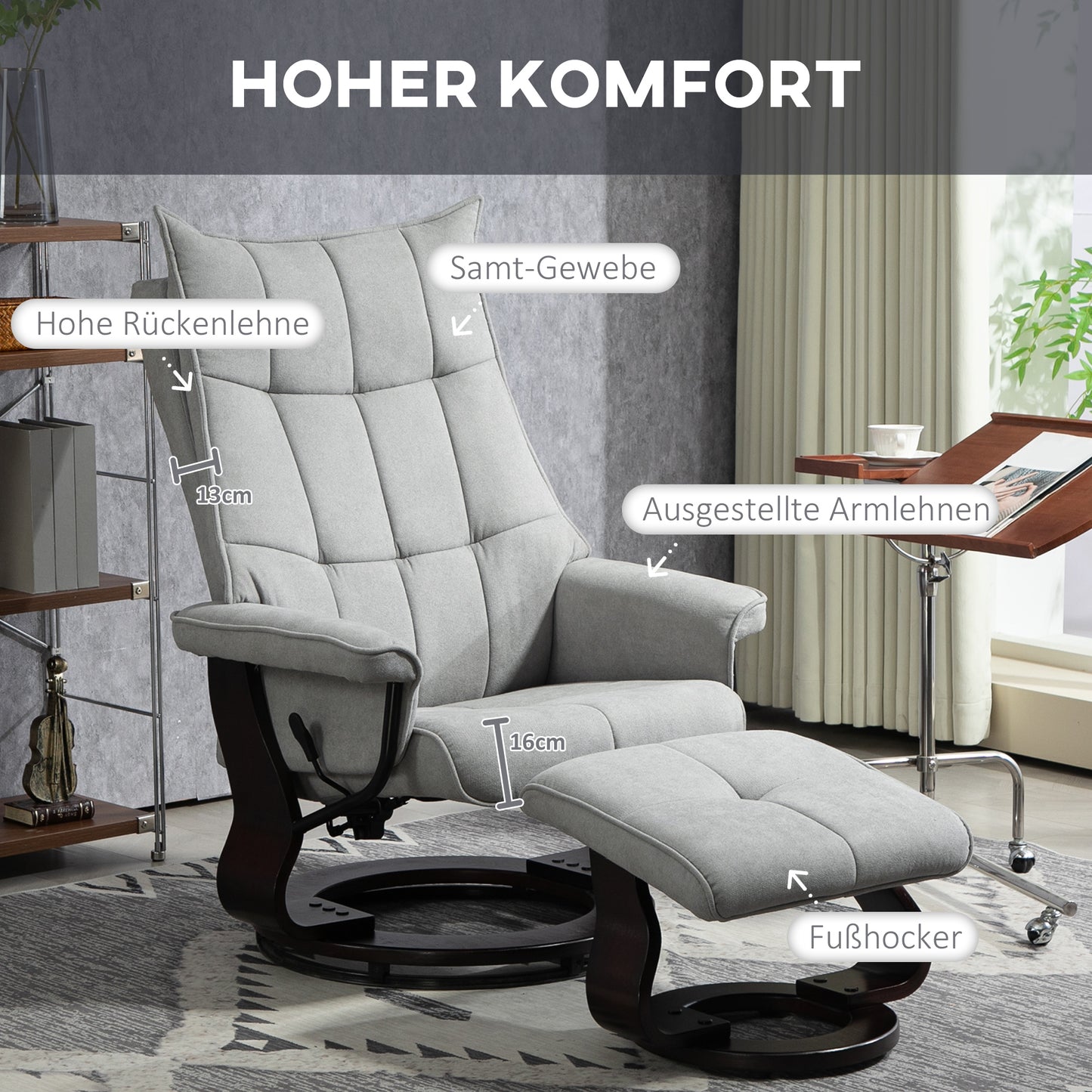 HOMCOM Relaxsessel mit Hocker, drehbar, Wippfunktion, verstellbare Rückenlehne, bis 150 kg, Grau