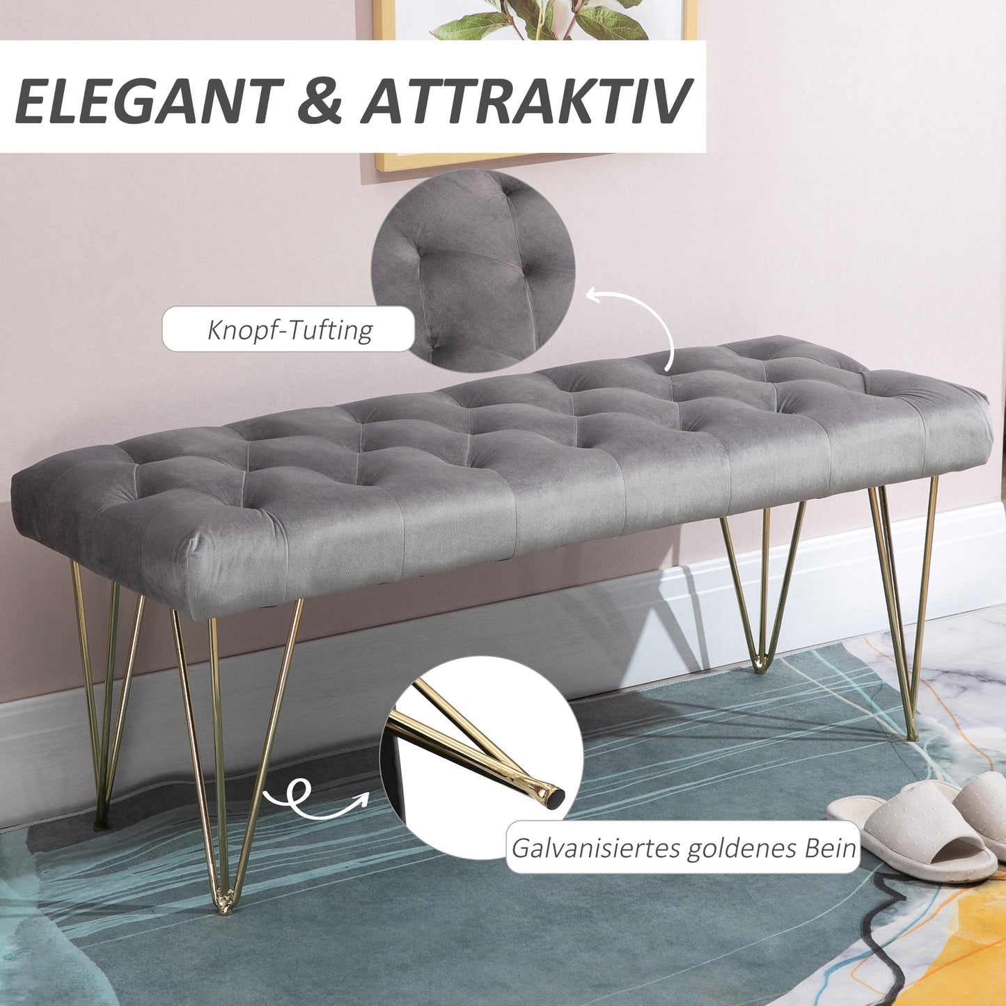 HOMCOM Sitzbank Polsterbank Pianobank Schuhbank mit Samtoptik Bettbank Klavierbank für Schlafzimmer, Wohnzimmer, Flur, Metall Grau 116 x 44,5 x 49 cm