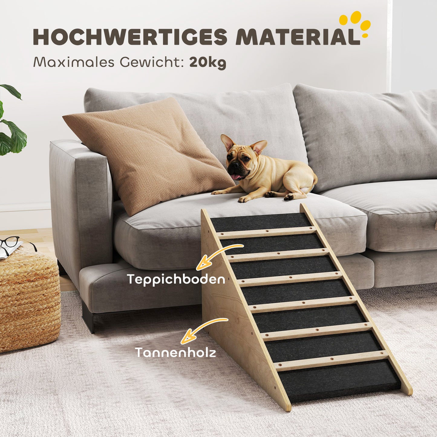 PawHut Haustiertreppe, Hundetreppe, Kiefernholz, Anti-Rutsch-Beschichtung, 90 cm x 40 cm x 45 cm, Natur + Grau