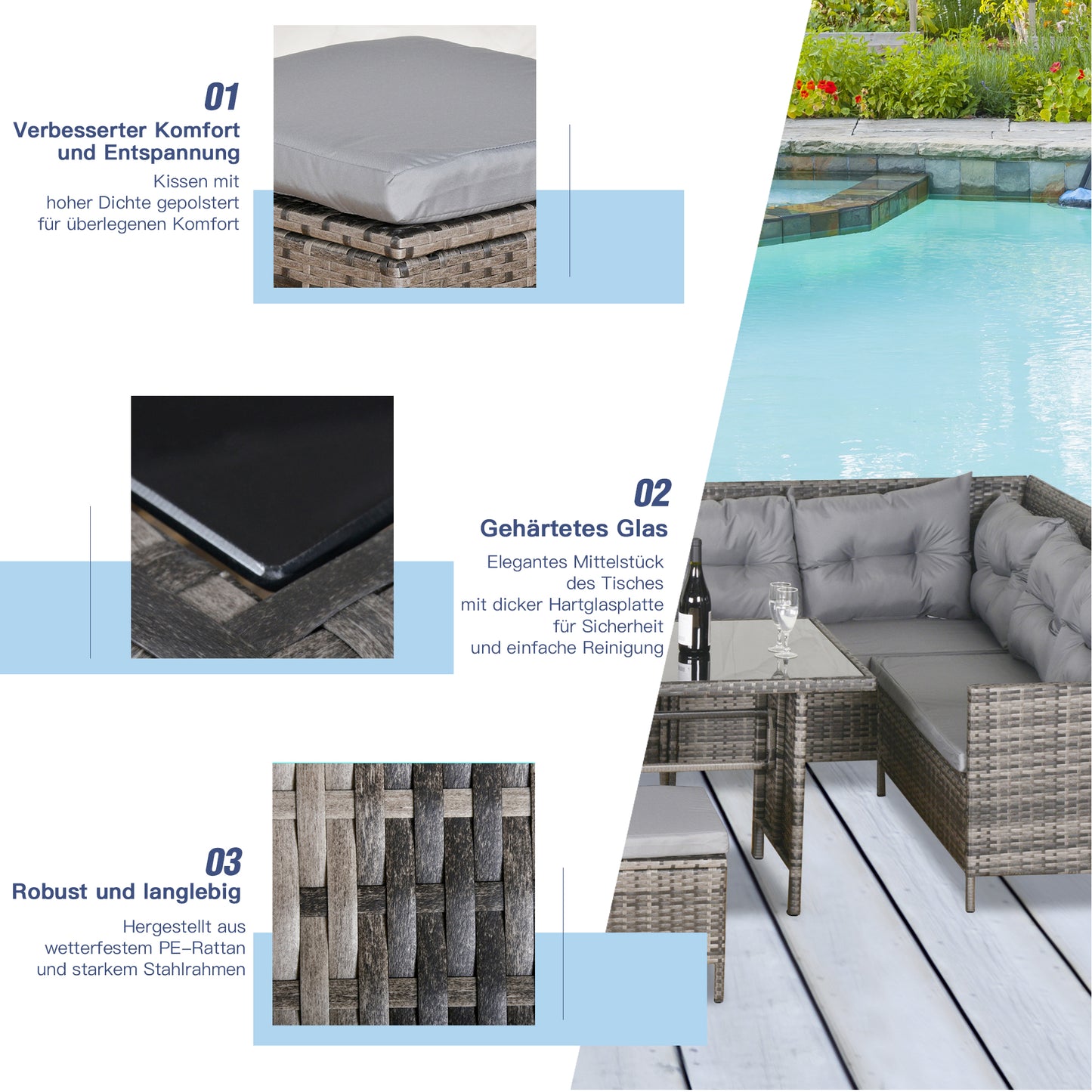 Outsunny Gartenmöbel-Set från PE-Rattan, för 5 personer, Rattan-Lounge-Set, abnehmbare Polster, Grau + Braun