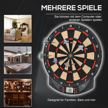 HOMCOM Elektronische Dartscheibe automatische Wertung Dartboard Dart-set mit 6 Darts 30 Dartköpfe 26 Spiele und 185 Trefferoptionen für 8 Spieler Soundeffekte Schwarz 44 x 39,5 x 2,2 cm