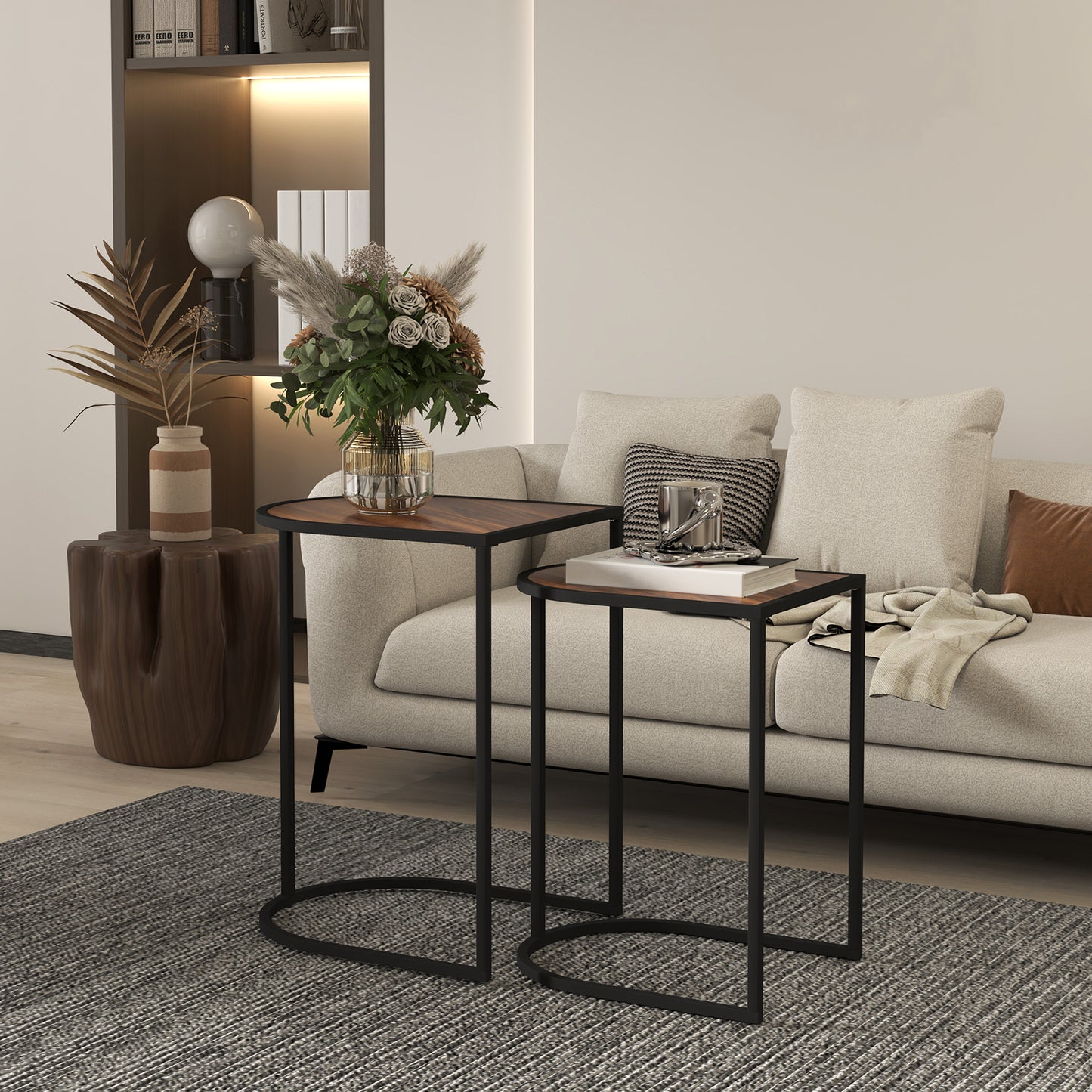 HOMCOM Satztisch-Set, Beistelltische, Metallrahmen, Tischplatte in Holzoptik, Braun