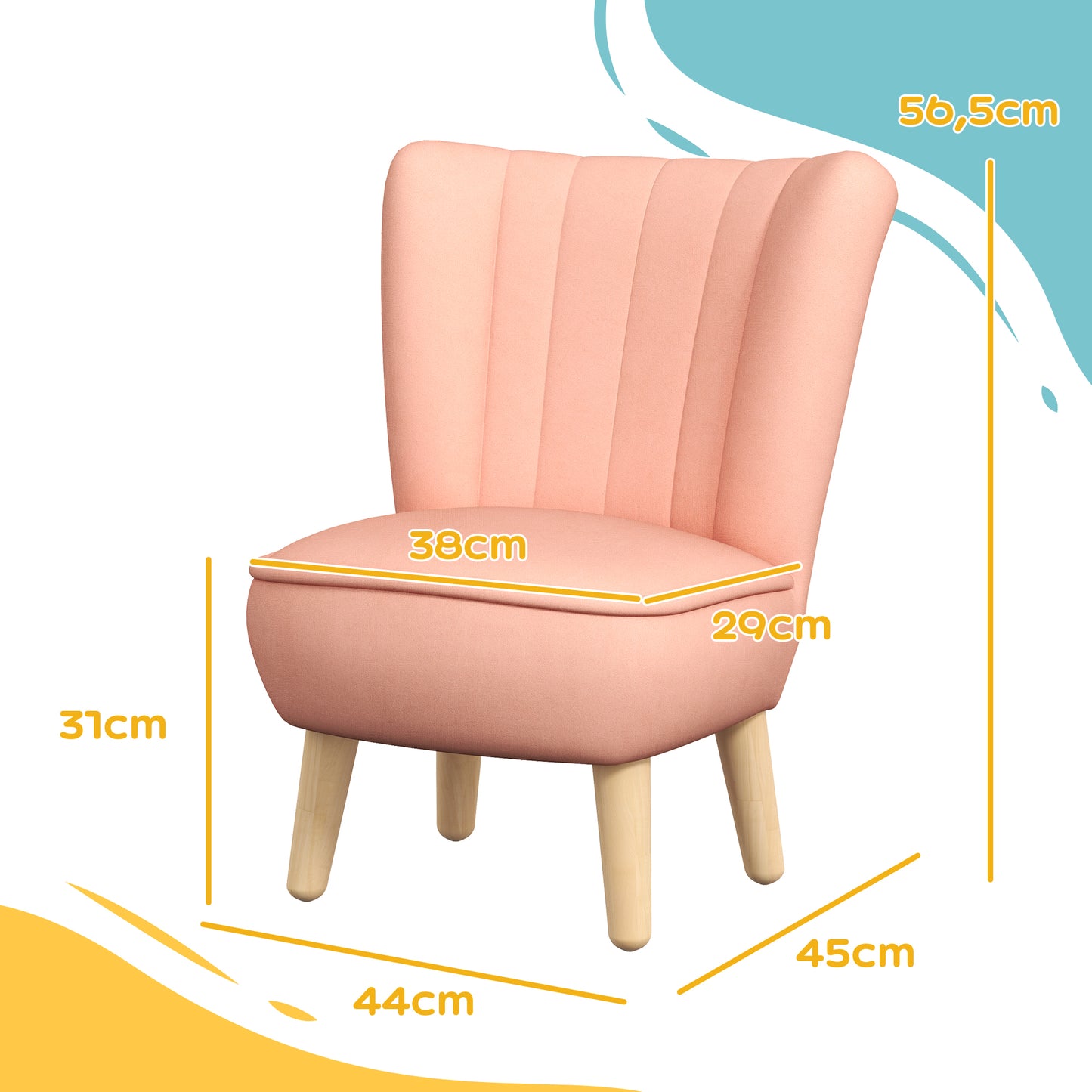 AIYAPLAY Kindersessel, Samtoptik, für 3-7 Jahre, bis 45 kg, Holzgestell, 44x45x56,5cm, Pink