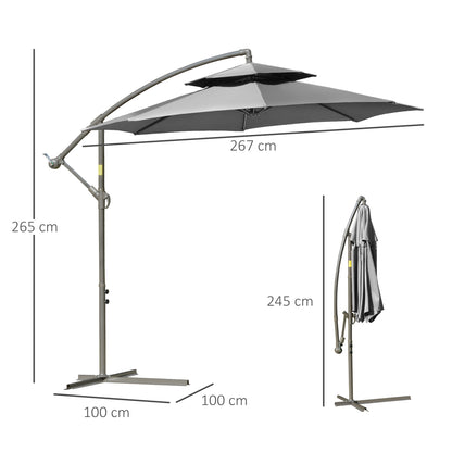Outsunny Sonnenschirm Ampelschirm Ø2,67 x 2,45 m Kurbelschirm mit Doppeldach Kreuzbasis Stahl Outdoor Sonnenschutz Polyester Stahl Hellgrau