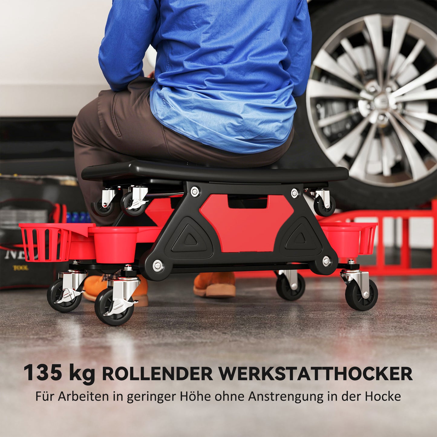 HOMCOM Werkstatthocker mit Rollen abnehmbar Sitz, Ablagefläche, 33cm hoch Rollhocker bis 135 kg belastbar Rot