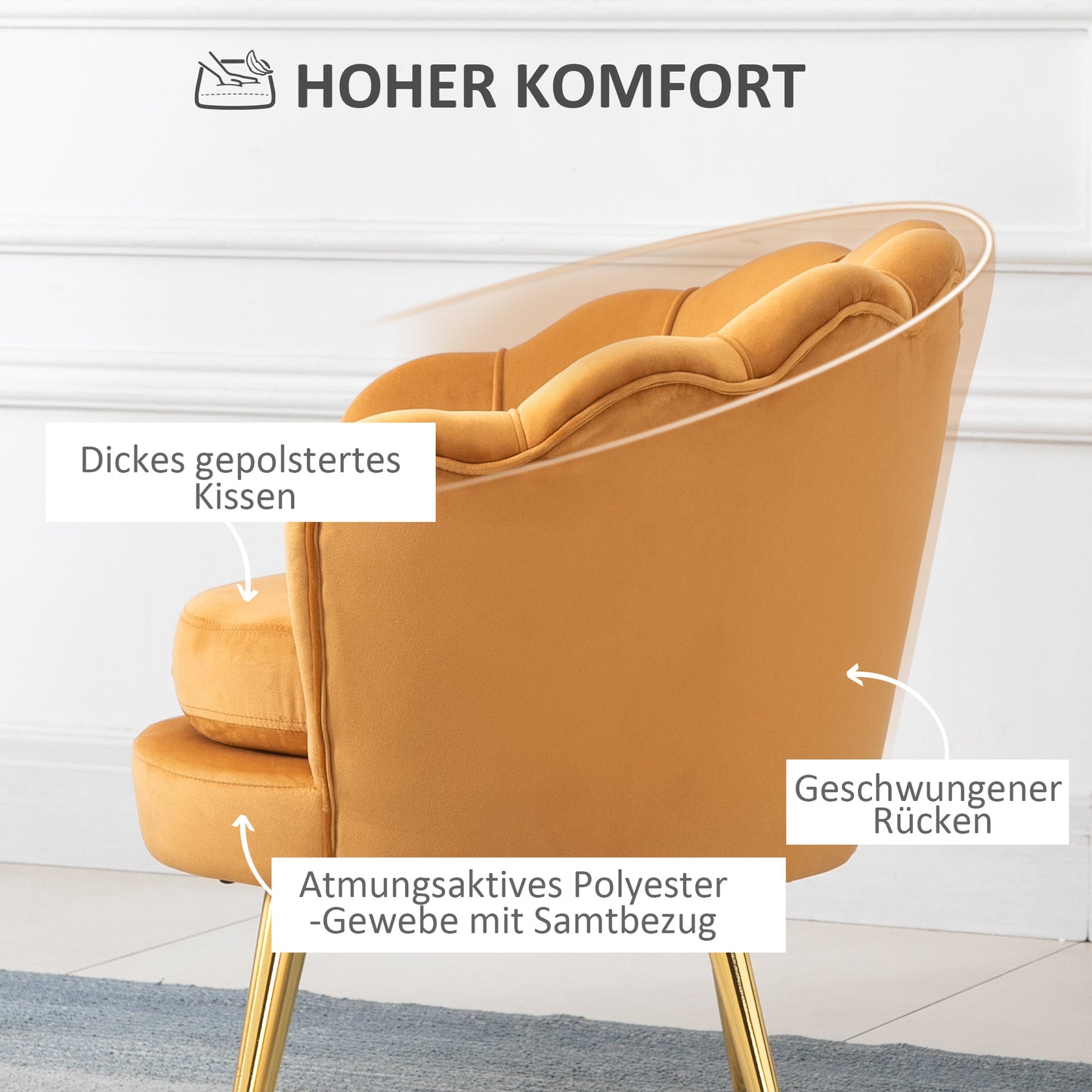 HOMCOM Lounge-Sessel, Vintage-Sessel in Samtoptik, Metallgestell, 76 x 67 x 74 cm, Gelb