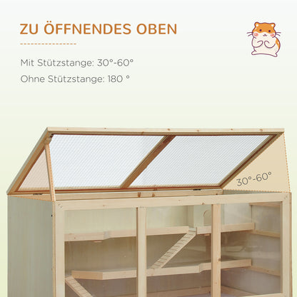 PawHut Hamsterkäfig aus Holz 3 Etagen Nagerkäfig mit reinigbar Ablage Kleintierkäfig mit klappbarem Deckel Treppen Holzkäfig Käfig für Hamster Zwerghamster 115 x 57 x 55 cm Naturholz