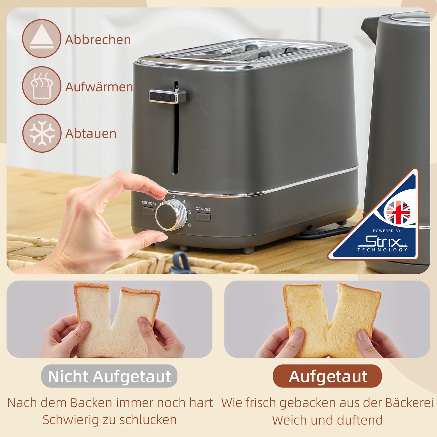 HOMCOM Set aus 1,7 L Wasserkocher und Toaster mit 6 Bräunungsstufen, Grau