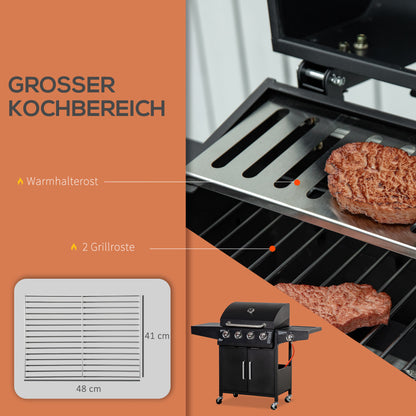 Outsunny Gasgrill BBQ mit 3 Brennern je 3 kw mobiler Grillwagen mit 4 Rädern Grillnetz Seitentischen Druckminderer Schläuche Schrank Multifunktion Metall Schwarz 132,4cm x 55cm x 109cm