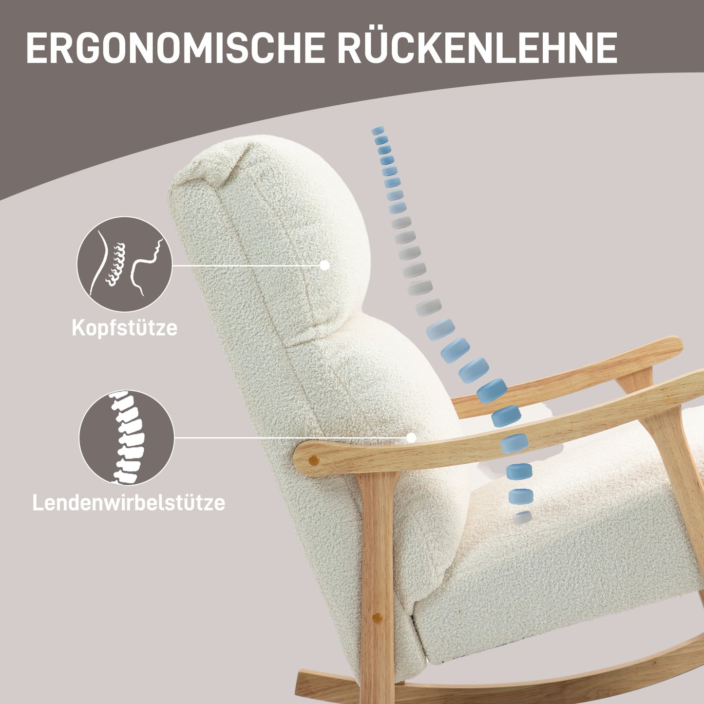 HOMCOM Schaukelstuhl, Stoffbezug in Samtoptik, Ergonomische Rückenlehne, 120 kg Belastbarkeit, 65B x 90T x 98H cm, Cremeweiß