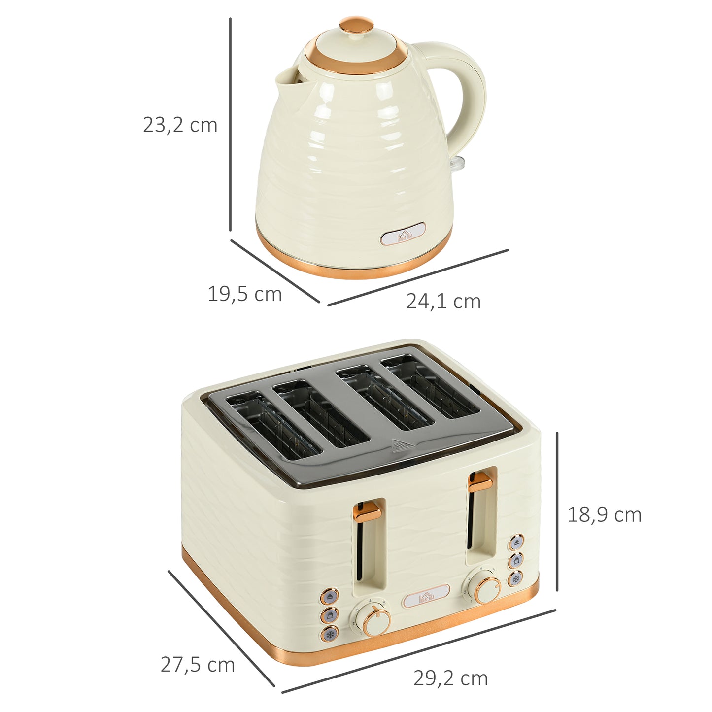 HOMCOM 2-in-1 Toaster- und Wasserkocher-Set, 7 Bräunungsstufen, Auftau- und Aufwärmfunktion, Beige