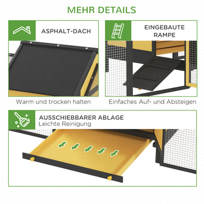 PawHut Hühnerstall Kleintierstall 2 Außengehege, 1 Nistkasten, 2 Rampen, Asphaltdach, wetterbeständig, Gelb