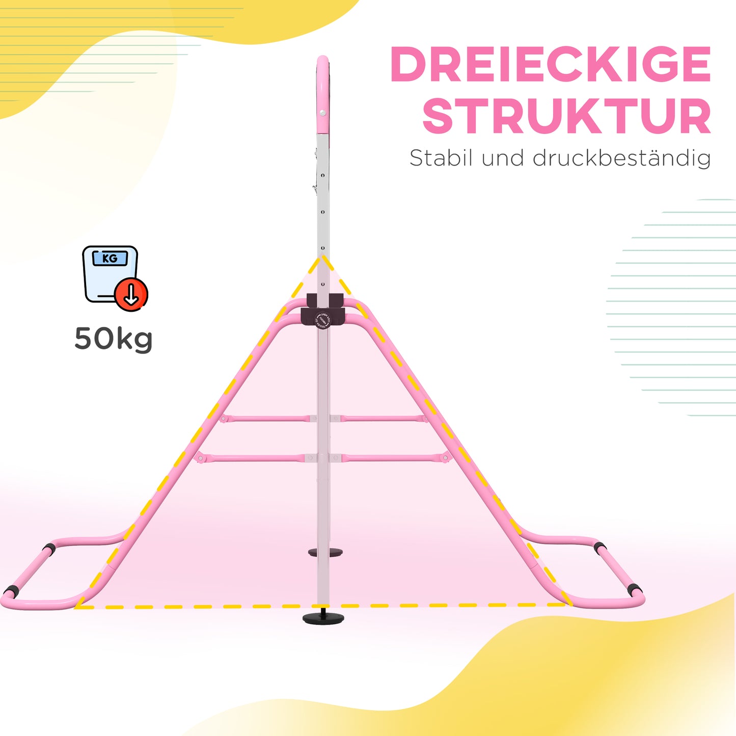 HOMCOM Kinder-Turnbarren mit Ringen, höhenverstellbar, klappbar, rutschfest, Stahlrahmen, 148x105x88-128 cm, Pink