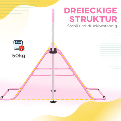 HOMCOM Kinder-Turnbarren mit Ringen, höhenverstellbar, klappbar, rutschfest, Stahlrahmen, 148x105x88-128 cm, Pink