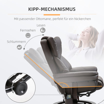 HOMCOM Relaxsessel mit Hocker, 360°drehbarer Fernsehsessel mit Massage, Liegefunktion, Massagesessel mit Seitentasche, Liegesessel, Kunstleder für Wohnzimmer Braun