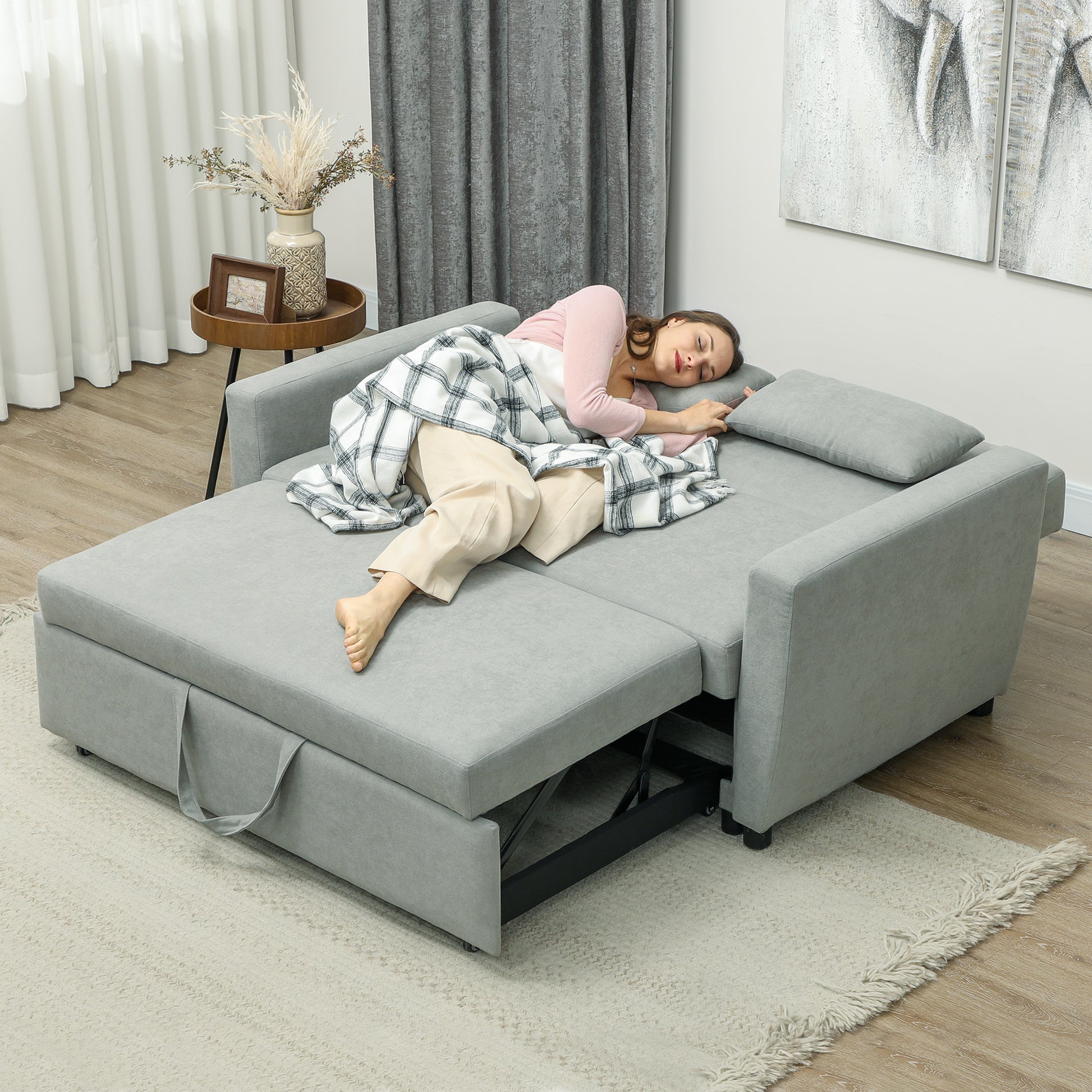 HOMCOM 2-Sitzer Sofa mit Bettfunktion, Verstellbarer Rückenlehne, Polstersofa, Samtoptik, für Wohnzimmer, Schlafzimmer, Hellgrau