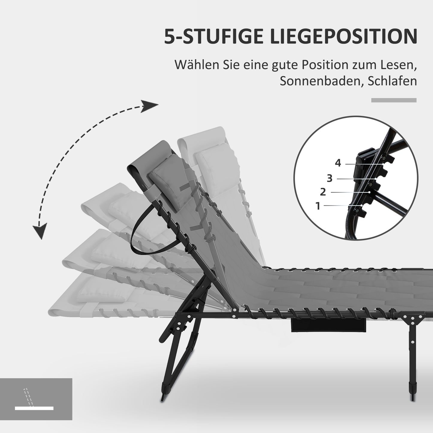 Outsunny Sonnenliege Liegestuhl Gartenliege, klappbar, inkl. Kissen, wetterbeständig; 188 cm x 65 cm x 36 cm, Grau + Schwarz