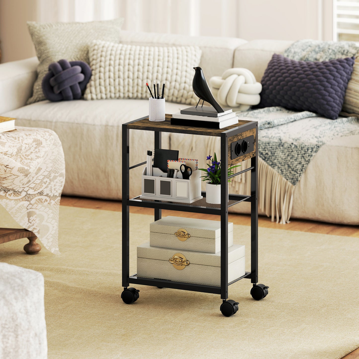 HOMCOM Druckerständer Druckeregal mit Rollen, Steckdosen, USB- und USB-C-Anschlüsse bis 40 kg Rustikalbraun