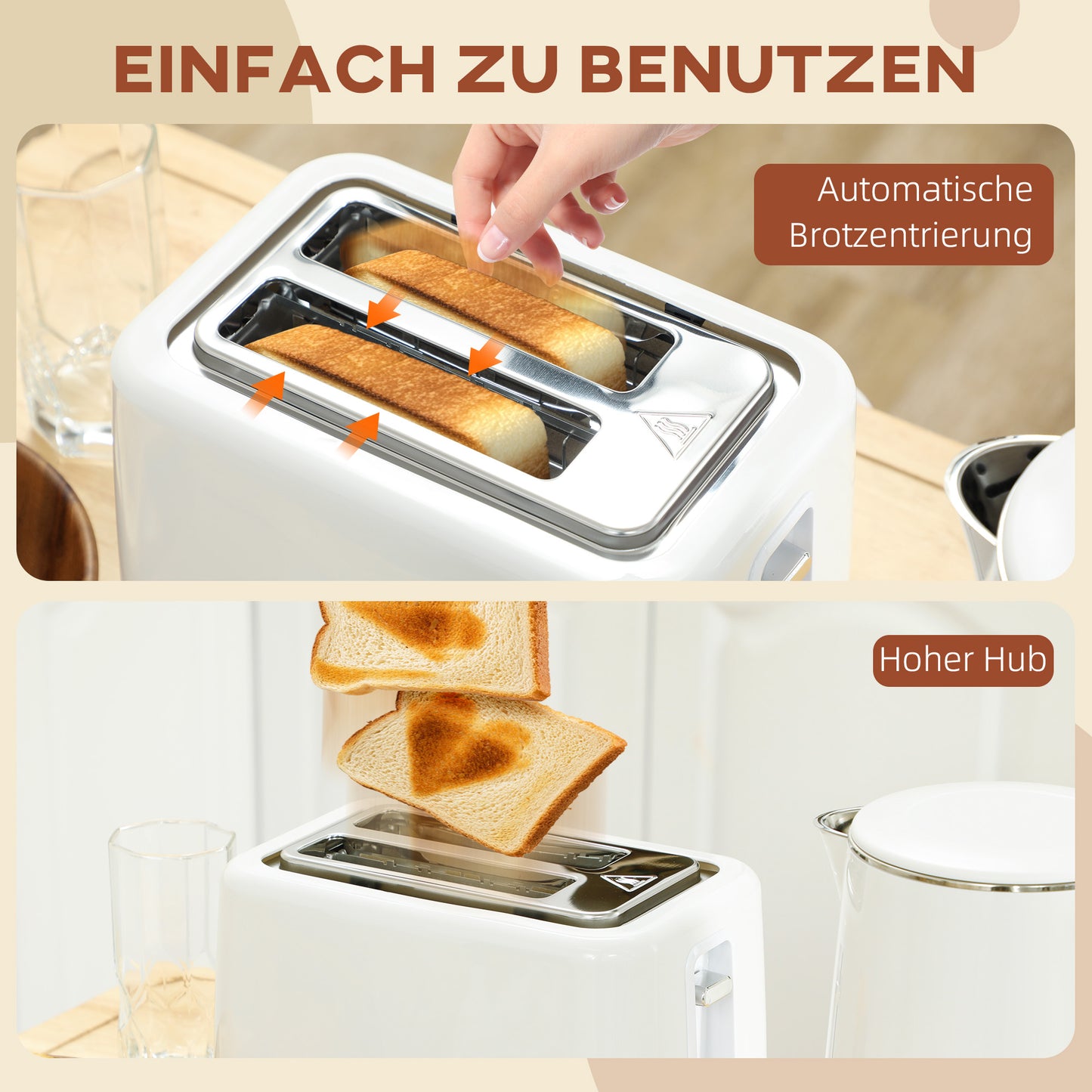 HOMCOM Küchenset mit Wasserkocher und Toaster, 7 Bräunungsstufen, schnelles Kochen, Edelstahl, Kunststoff, Weiß