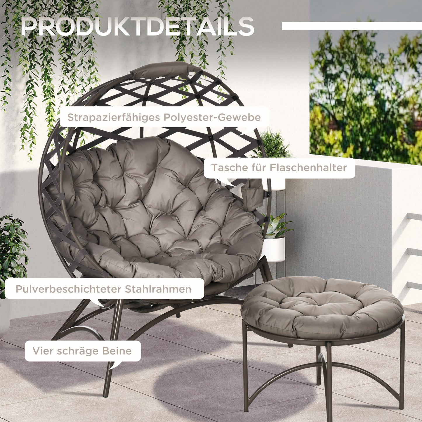 Outsunny Gartenstuhl-Set, 2-tlg., Hocker/Beistelltisch, gr. Sitzkissen, Stahlrahmen, Farbe: Sand, 118 x 75 x 142 cm