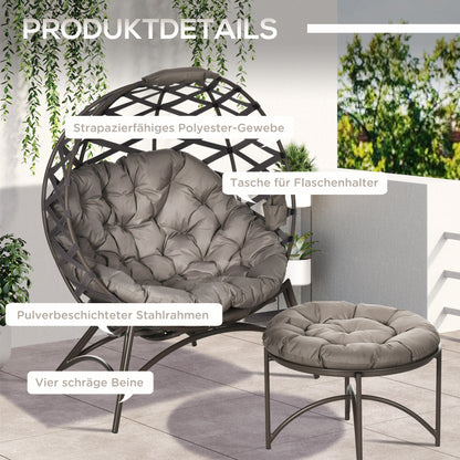 Outsunny Gartenstuhl-Set, 2-tlg., Hocker/Beistelltisch, gr. Sitzkissen, Stahlrahmen, Farbe: Sand, 118 x 75 x 142 cm