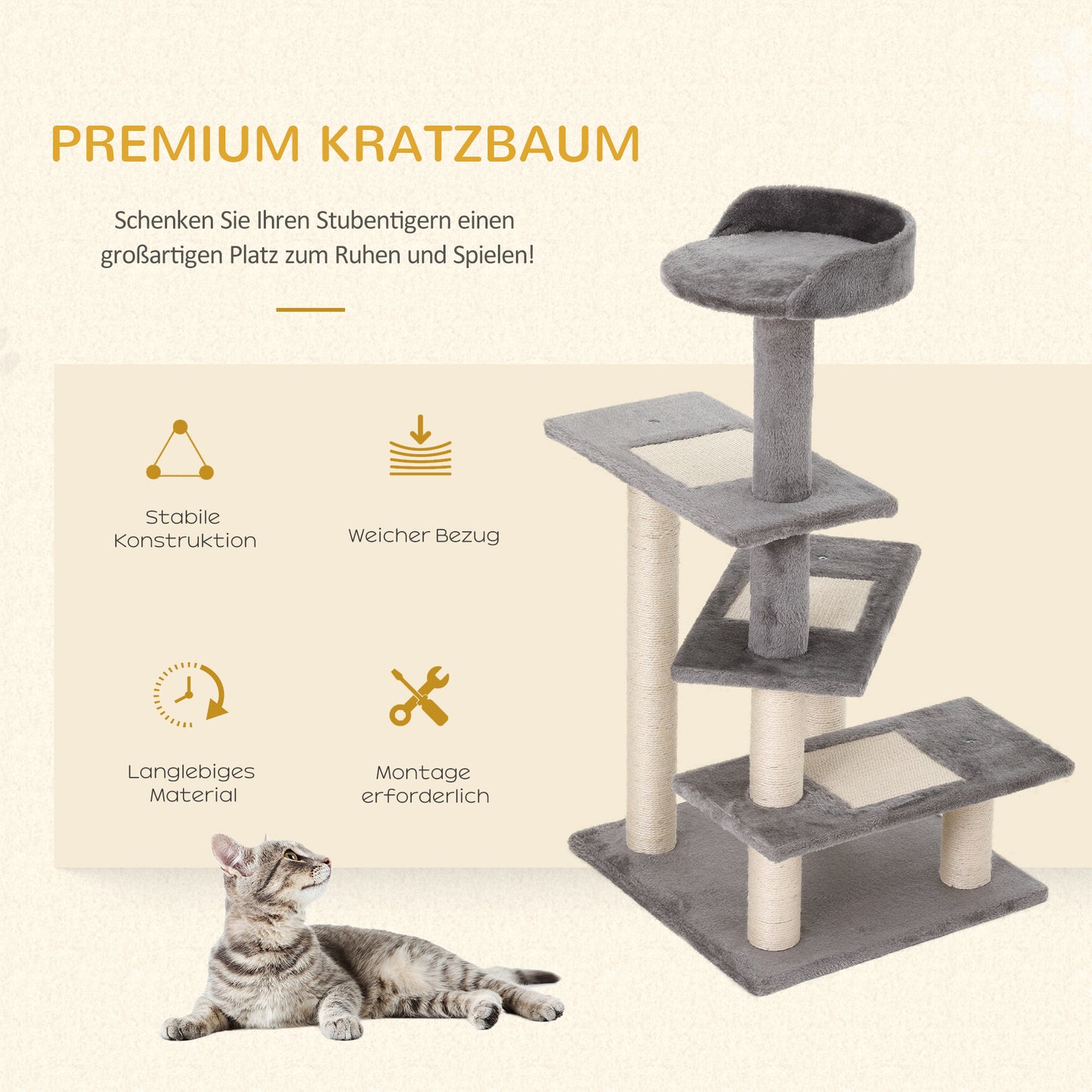 PawHut Kletterbaum Katzenbaum Spielbaum Katzenkratzbaum Treppe 5 Schichte Beige Grau 48,5 x 48,5 x 100 cm (LxBxH)