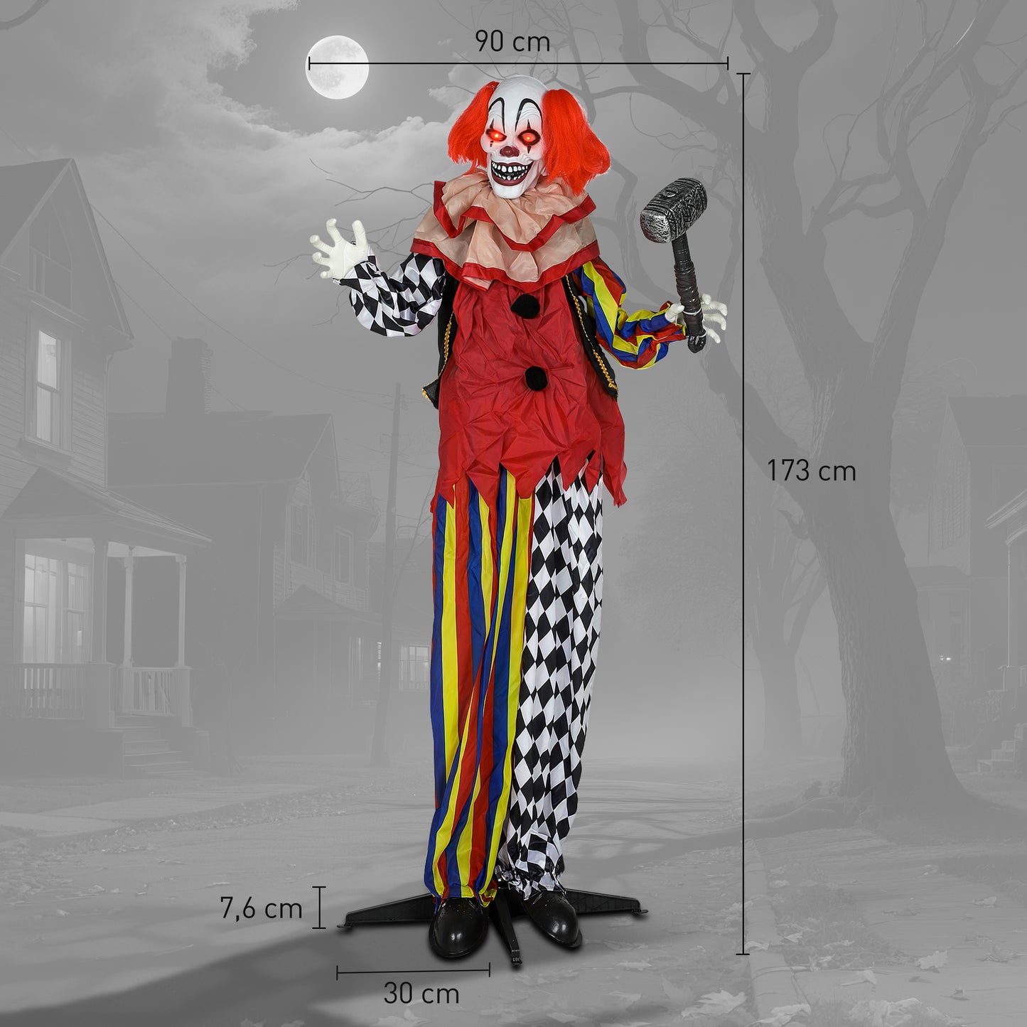 Outsunny Grusel-Clown, Halloween-Animatronik, 173 cm, leuchtende Augen, Geräusch-Aktivierung, bewegliche Arme und Kopf, Batteriebetrieb, Kunststoff, Metall, Rot