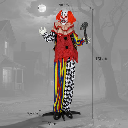 Outsunny Grusel-Clown, Halloween-Animatronik, 173 cm, leuchtende Augen, Geräusch-Aktivierung, bewegliche Arme und Kopf, Batteriebetrieb, Kunststoff, Metall, Rot