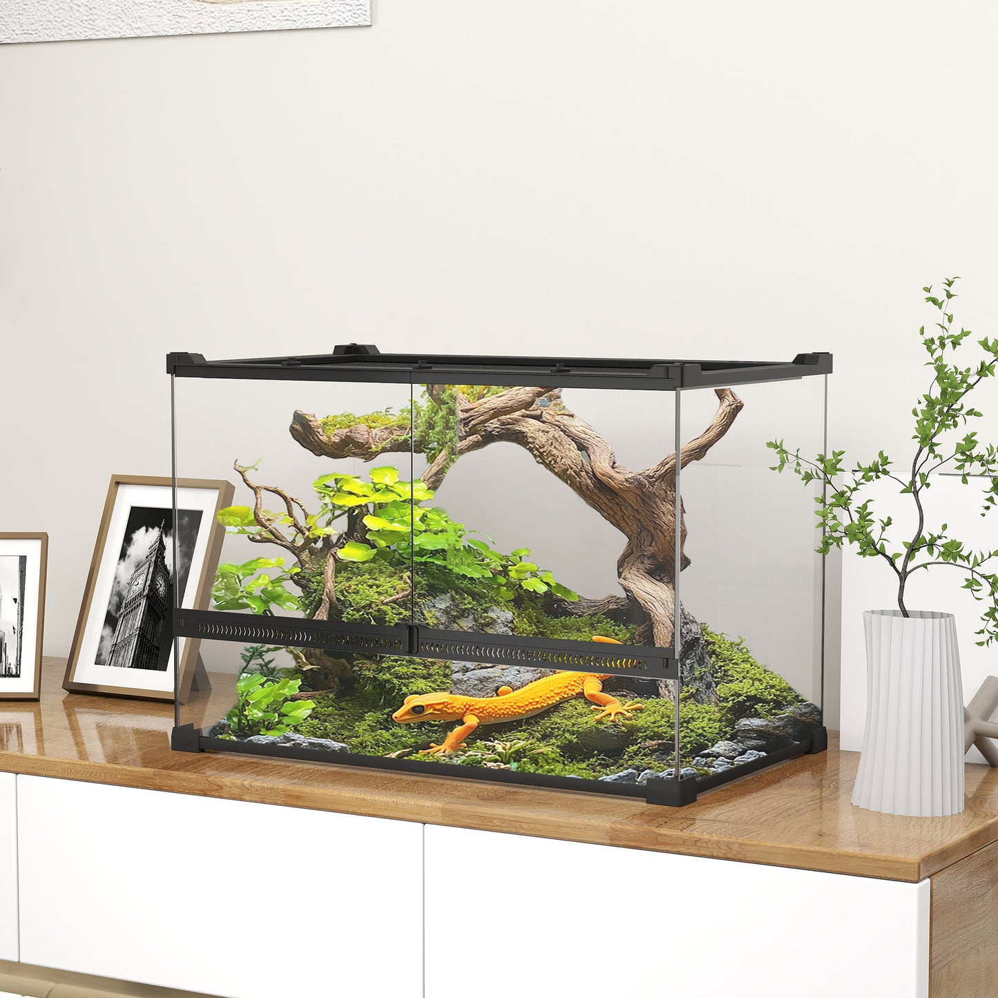 PawHut Glas-Terrarium für Reptilien, erhöhter &amp; wasserdichter Boden, Knopfschloss