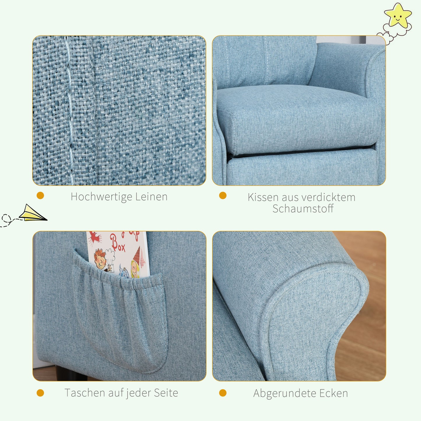 HOMCOM Kindersofa Kindercouch Kindersessel Stuhl Liegesofa verstellbar mit Fußstütze für 3-5 Jahre Jungen und Mädchen Blau 58 x 53 x 70 cm