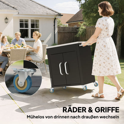 HOMCOM Küchenwagen mit Rollen, Servierwagen, Rollwagen mit Schrank, Haken und Edelstahlgriffe, Küchenhilfe, BBQ Grilltisch aus Edelstahl Küchentrolley, 86 x 50 x 86,5 cm Schwarz
