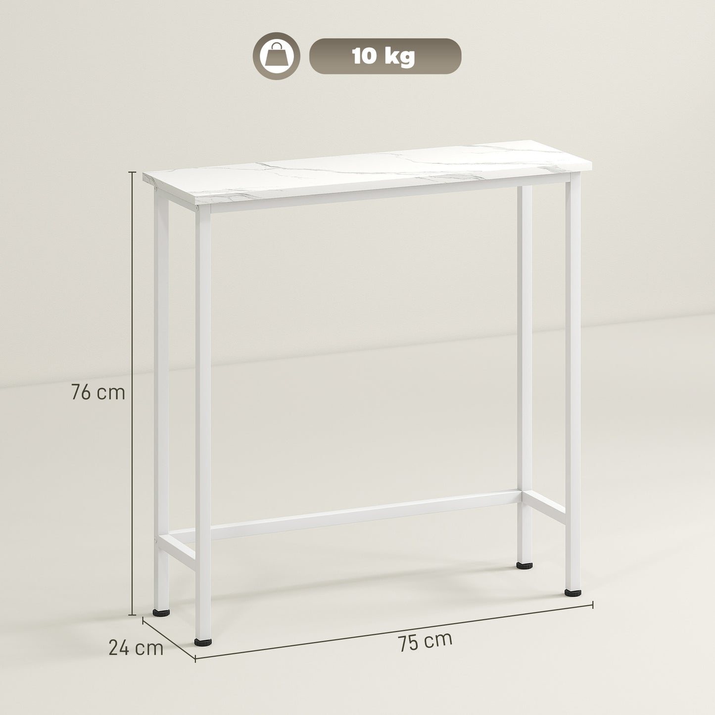 HOMCOM Konsolentisch Flurtisch mit verstellbar Fußpads, Kippschutz 75 x 24 x 76 cm für Kleinen Raum Weiß