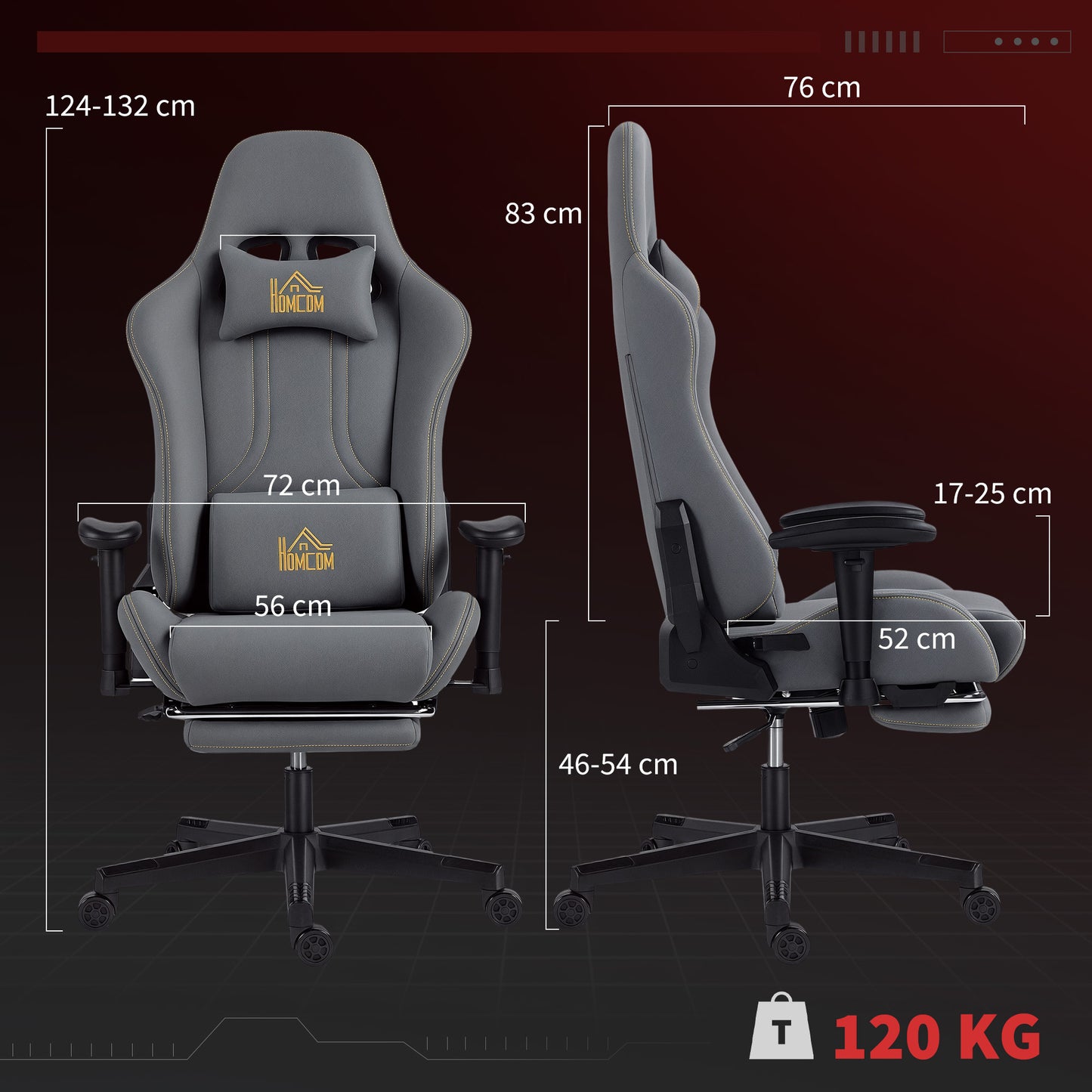 HOMCOM Ergonomischer Gaming-Stuhl mit 3D-Armlehnen, verstellbar, rollbarer Schreibtischstuhl mit Lendenstütze, Grau